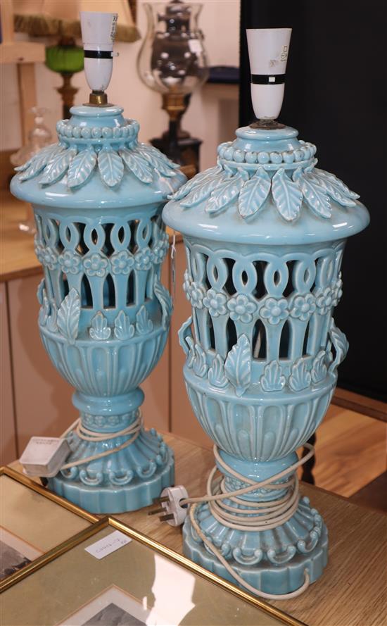A pair of blue glazed lamps height 52cm